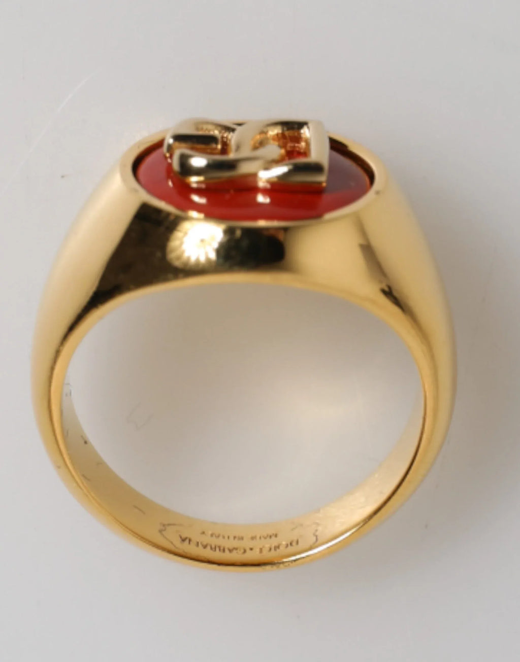 Dolce & Gabbana Gold Tone Real Brass Red DG Logo Men Ring - Zeiniez