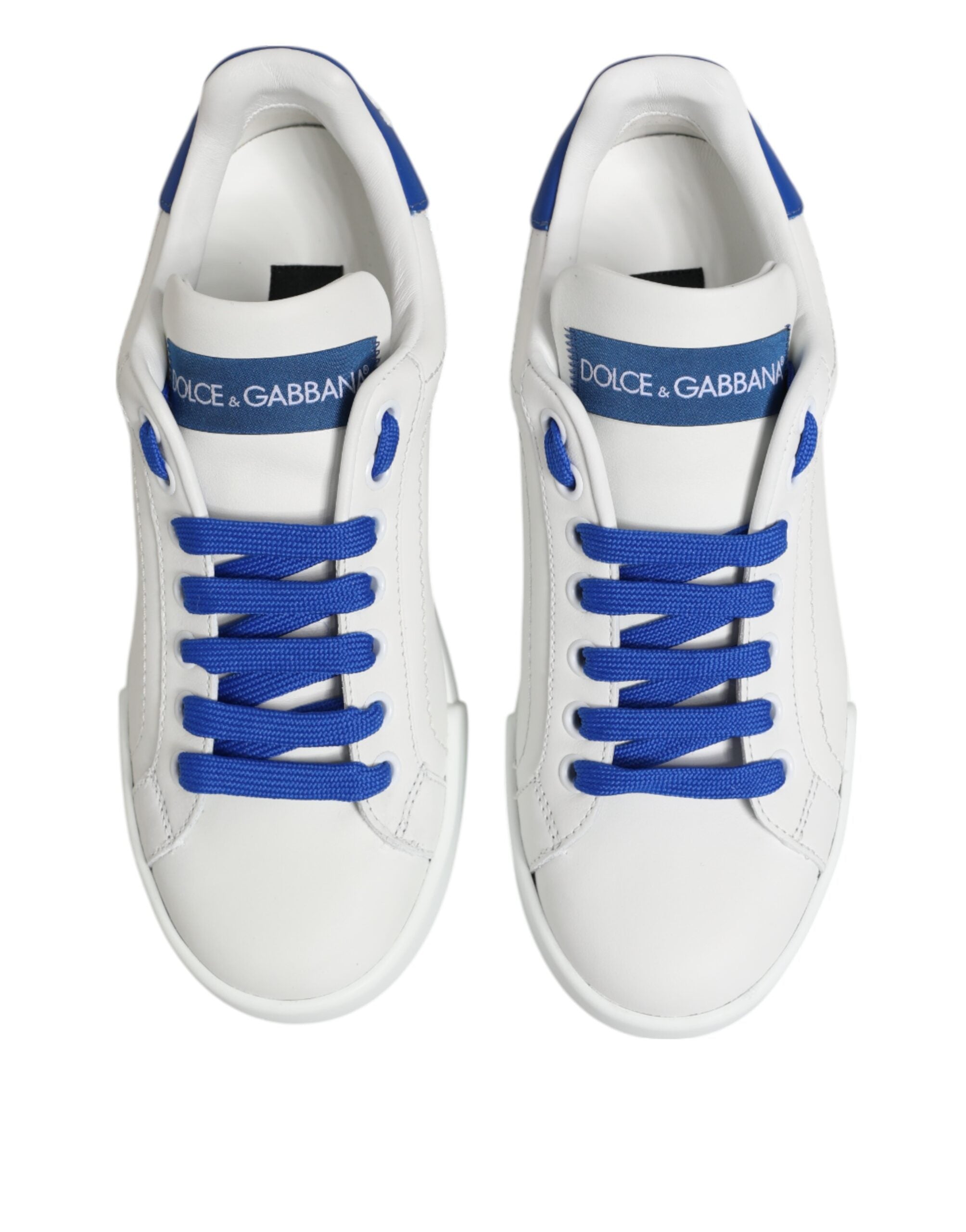 Dolce & Gabbana White Blue Leather Low Top Sneakers Shoes - Zeiniez