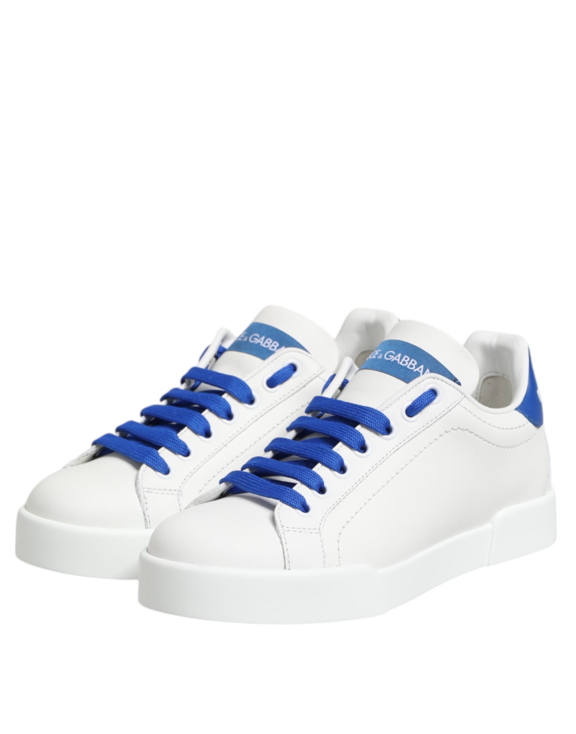 Dolce & Gabbana White Blue Leather Low Top Sneakers Shoes - Zeiniez