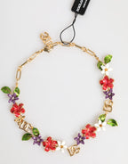 Dolce & Gabbana Gold Brass Logo Detail Floral Fashion Jewelry Necklace