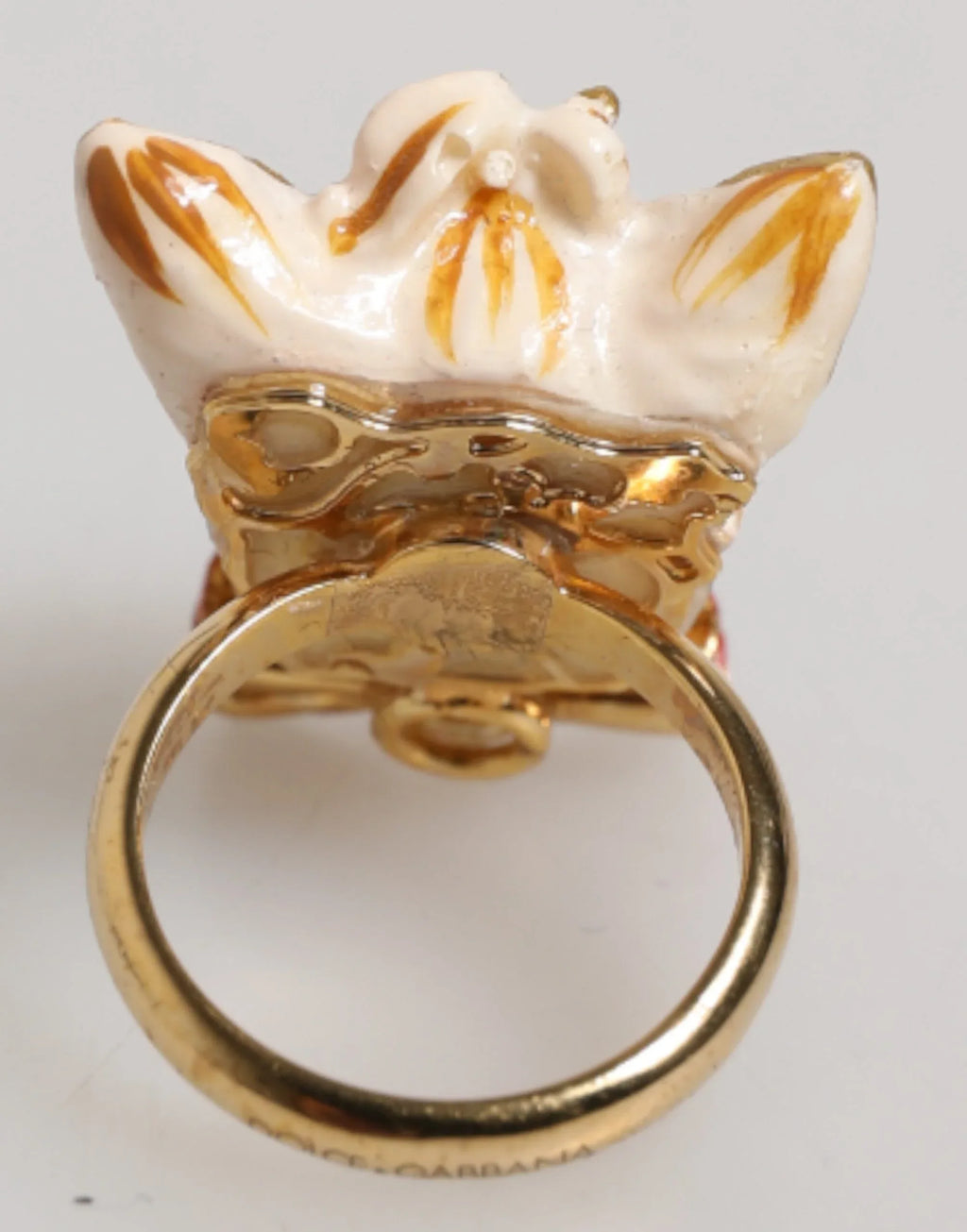 Dolce & Gabbana Gold Brass Resin Beige Dog Pet Accessory Ring - Zeiniez