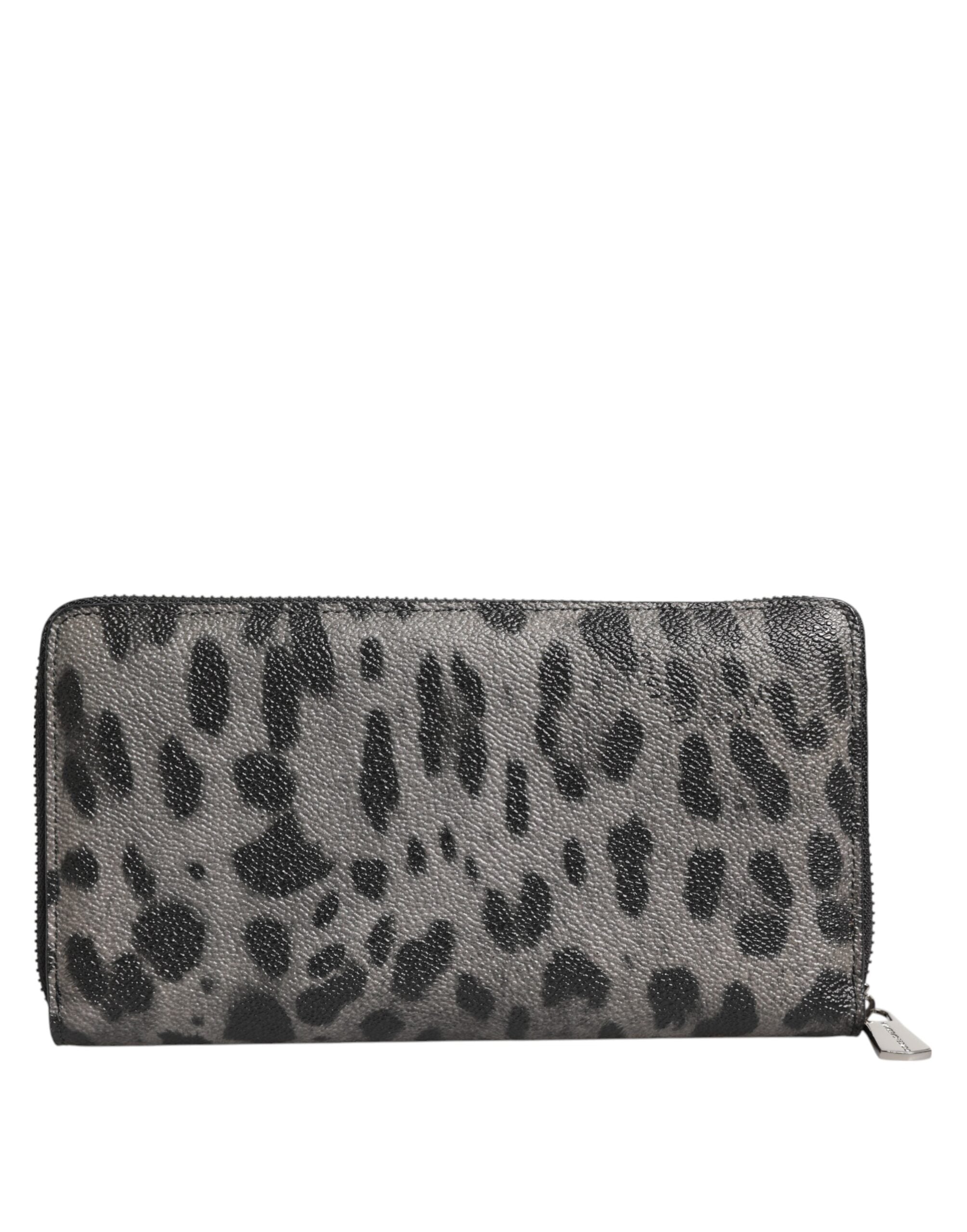 Dolce & Gabbana Black Gray Leopard Leather Zip Around Continental Wallet - Zeiniez
