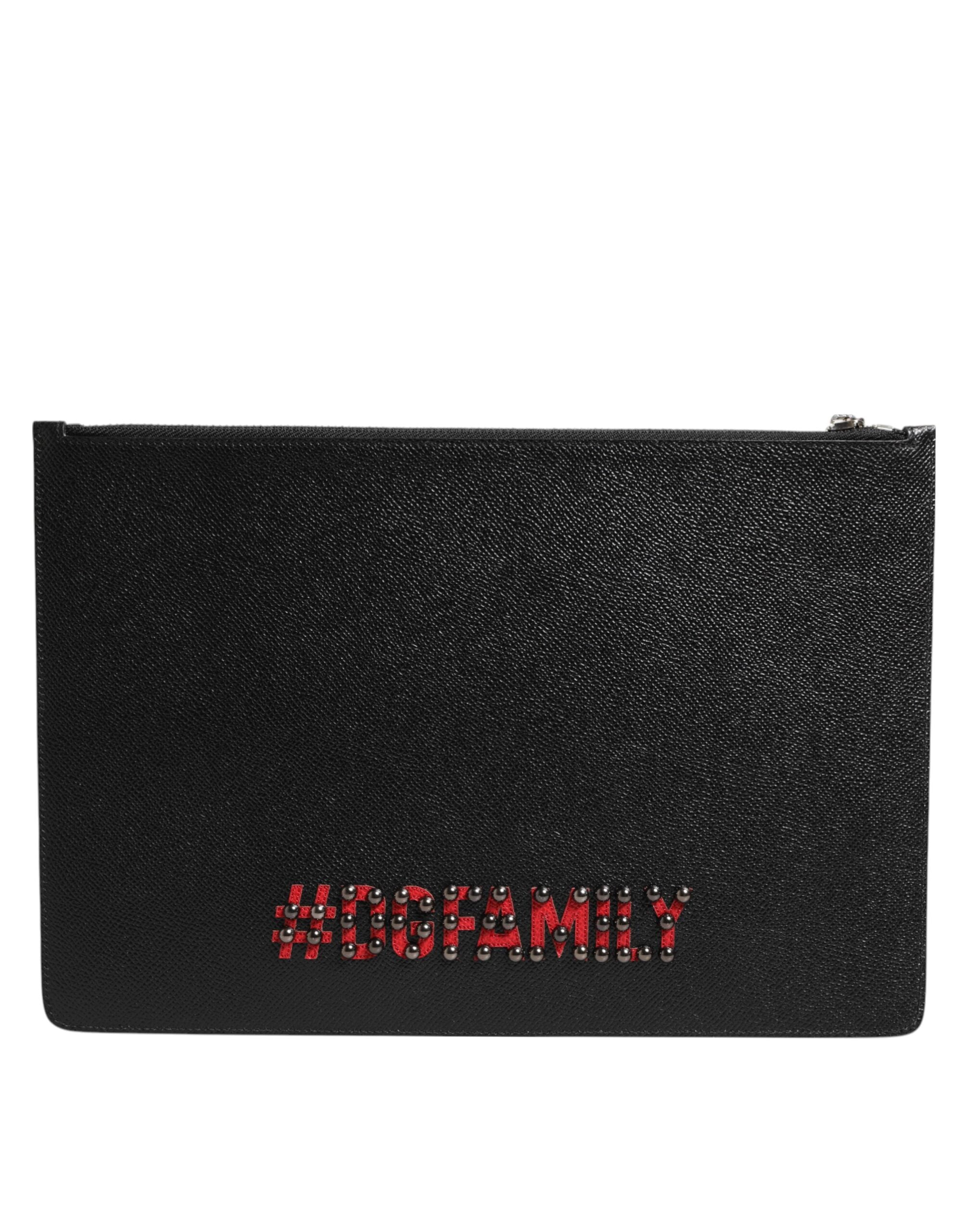 Dolce & Gabbana Black Leather #DGFAMILY Embellished Men Clutch Pouch Bag - Zeiniez