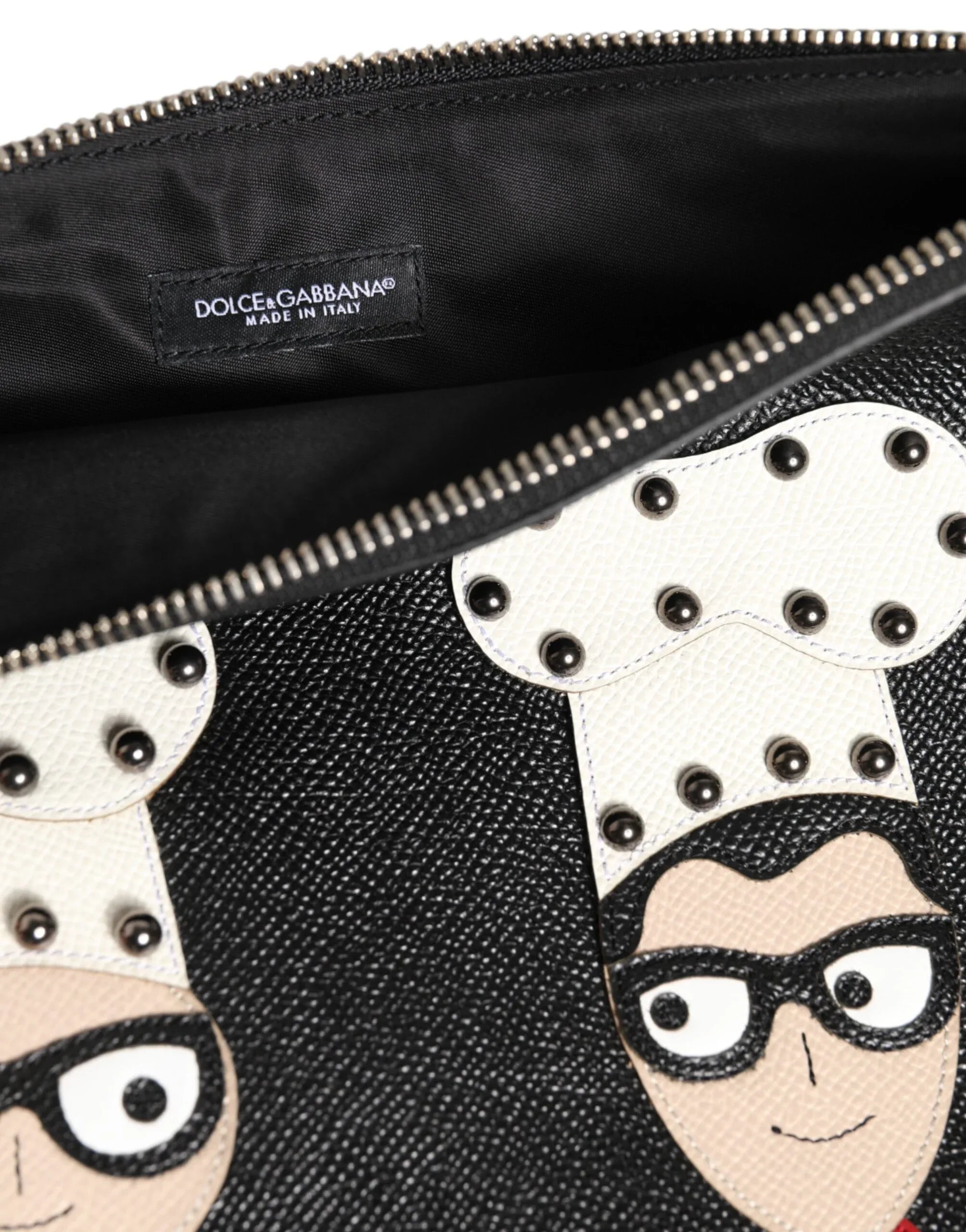 Dolce & Gabbana Black Leather #DGFAMILY Embellished Men Clutch Pouch Bag - Zeiniez