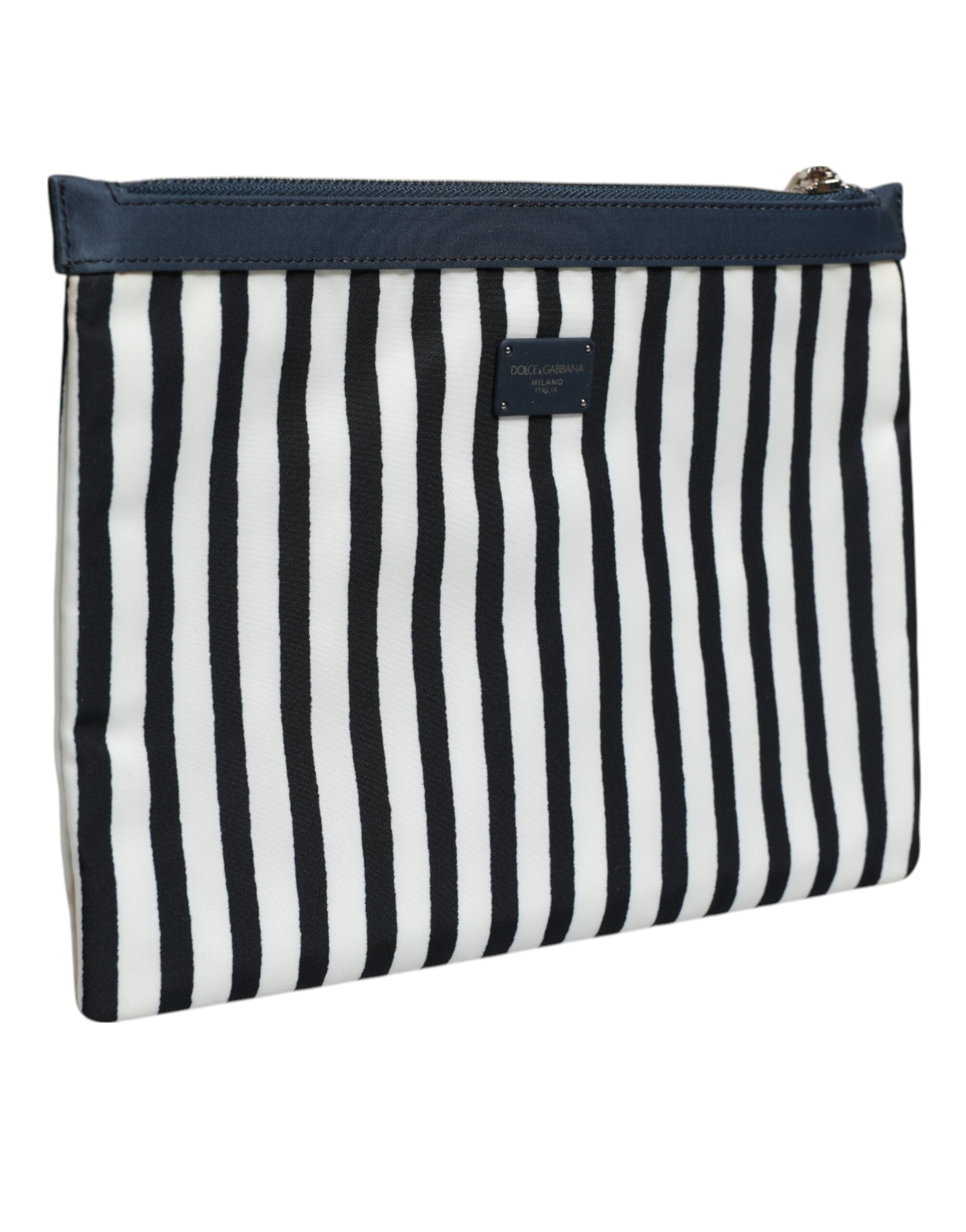 Dolce & Gabbana Black White Striped Logo Plaque Clutch Pouch Bag - Zeiniez