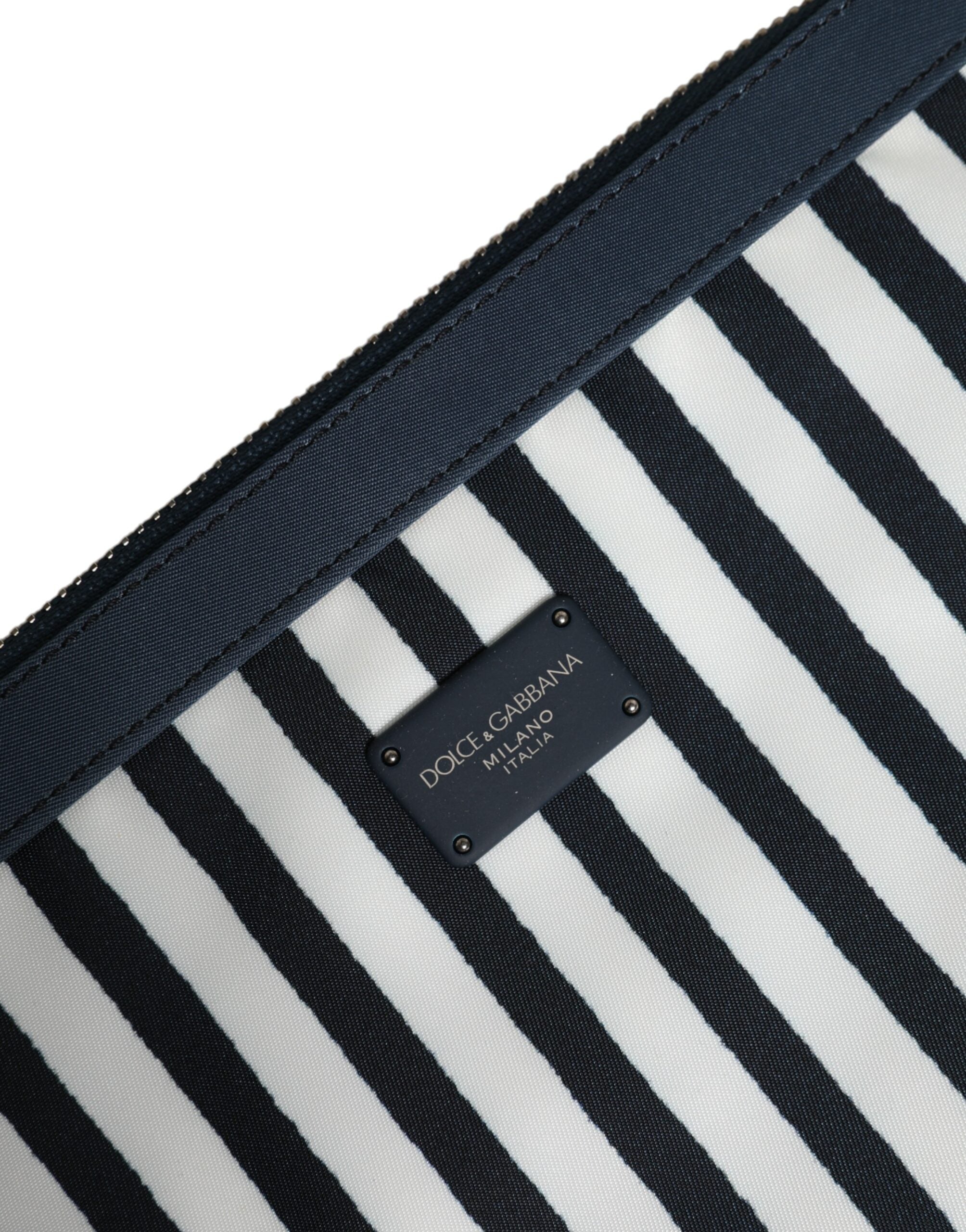 Dolce & Gabbana Black White Striped Logo Plaque Clutch Pouch Bag - Zeiniez