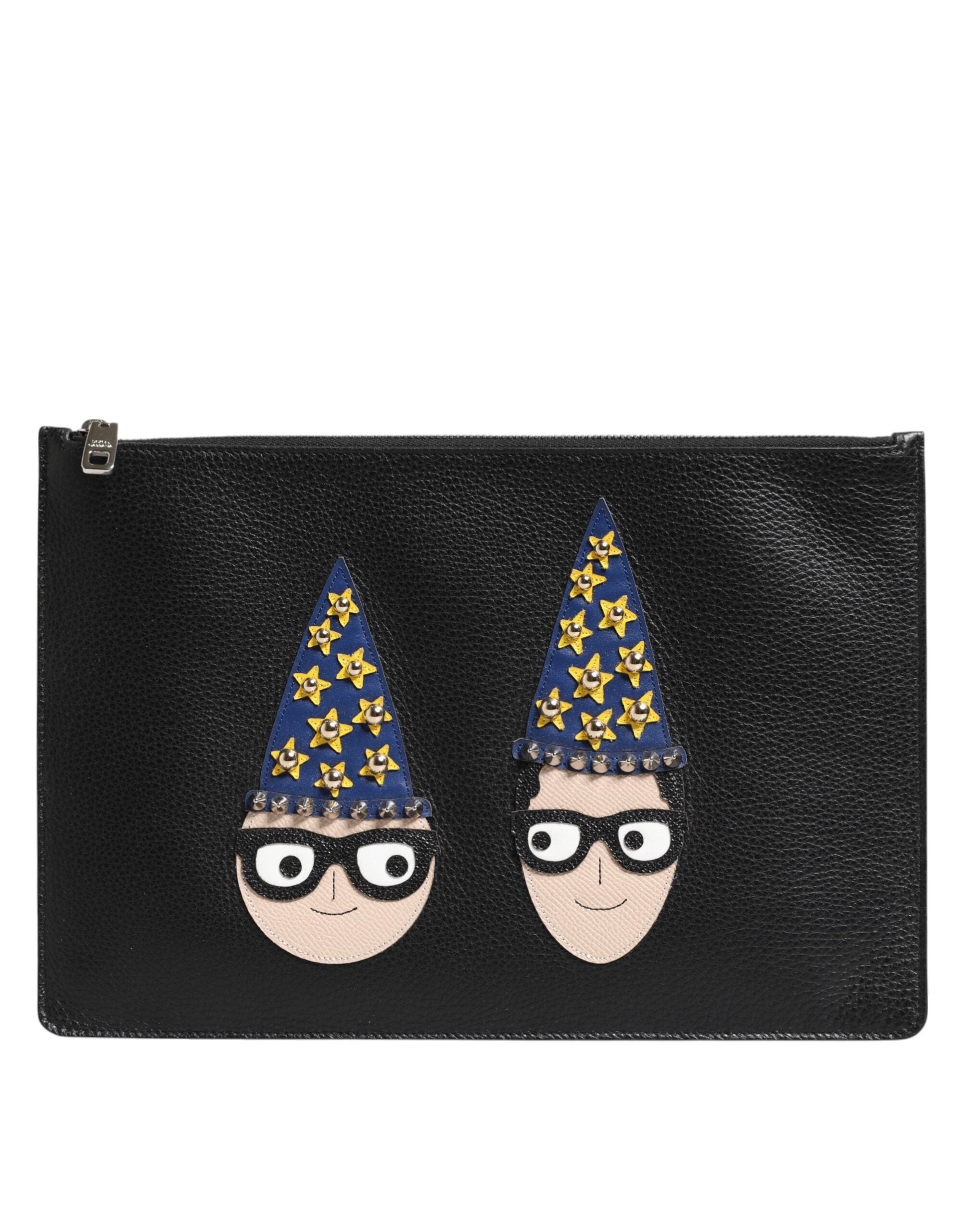 Dolce & Gabbana Black Leather #DGFAMILY Embellished Men Clutch Pouch Bag - Zeiniez