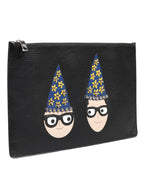 Dolce & Gabbana Black Leather #DGFAMILY Embellished Men Clutch Pouch Bag - Zeiniez
