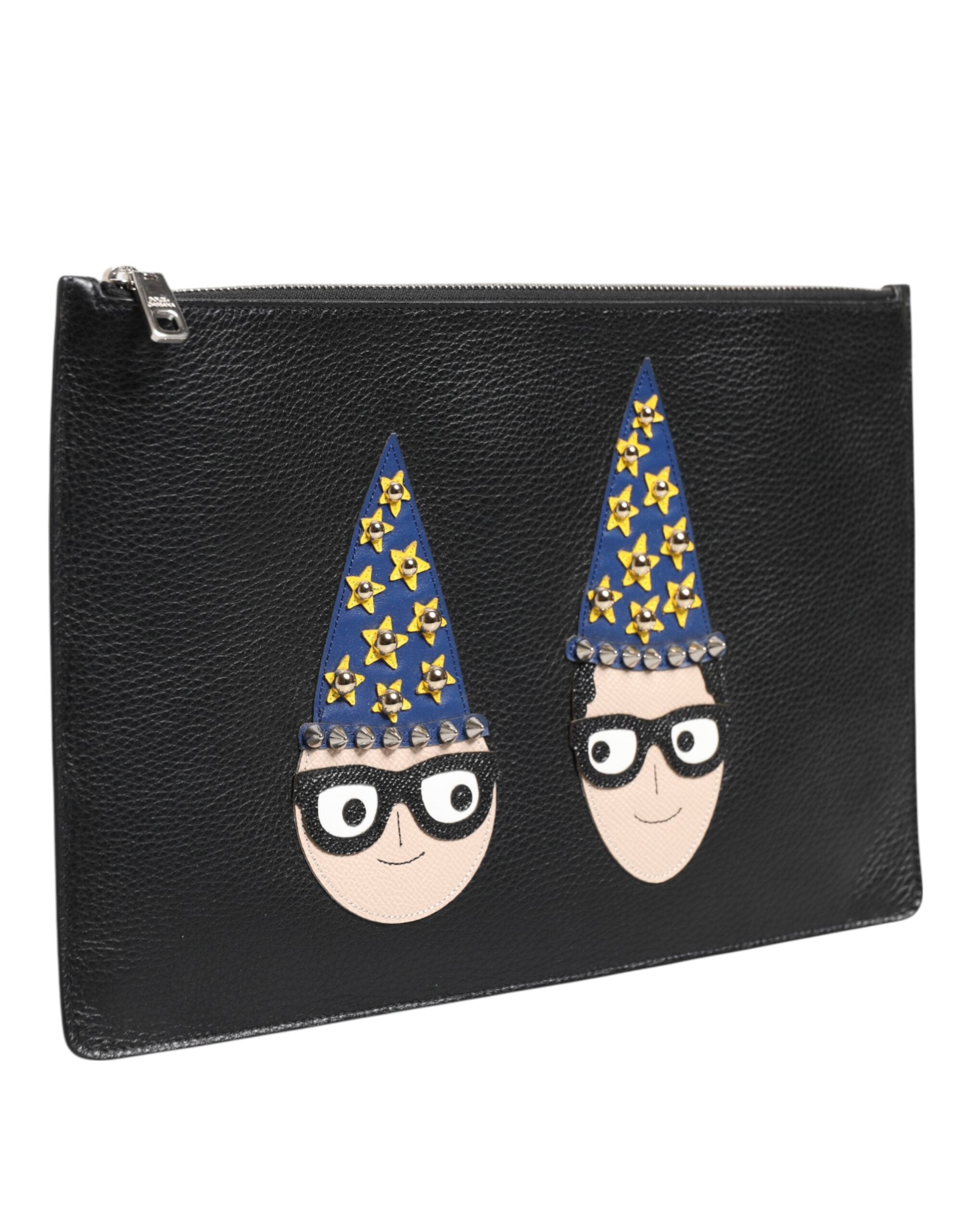 Dolce & Gabbana Black Leather #DGFAMILY Embellished Men Clutch Pouch Bag - Zeiniez