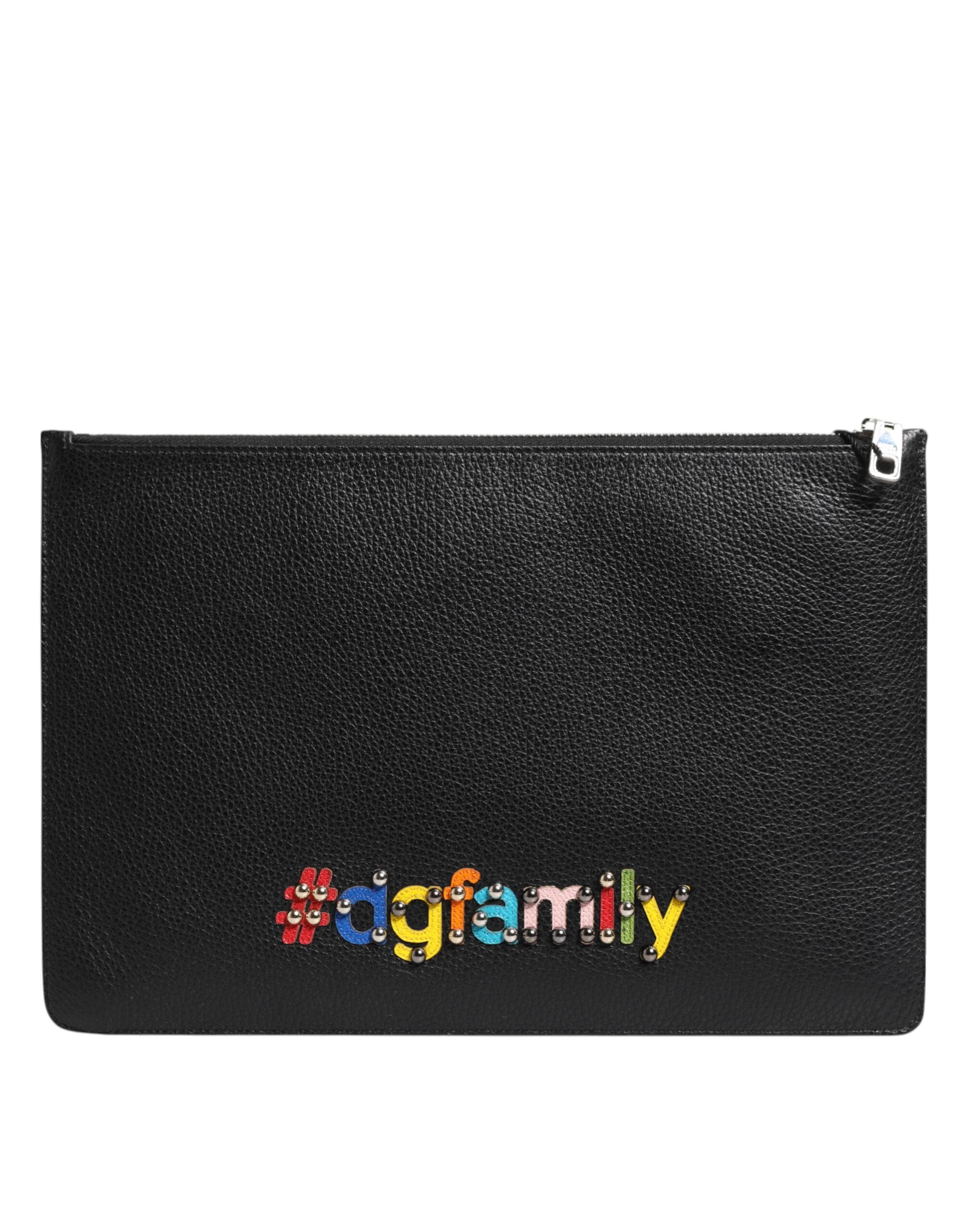 Dolce & Gabbana Black Leather #DGFAMILY Embellished Men Clutch Pouch Bag - Zeiniez
