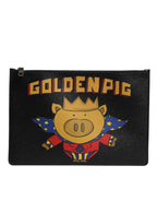 Dolce & Gabbana Black Leather Golden Pig Print Men Clutch Pouch Borse Bag - Zeiniez