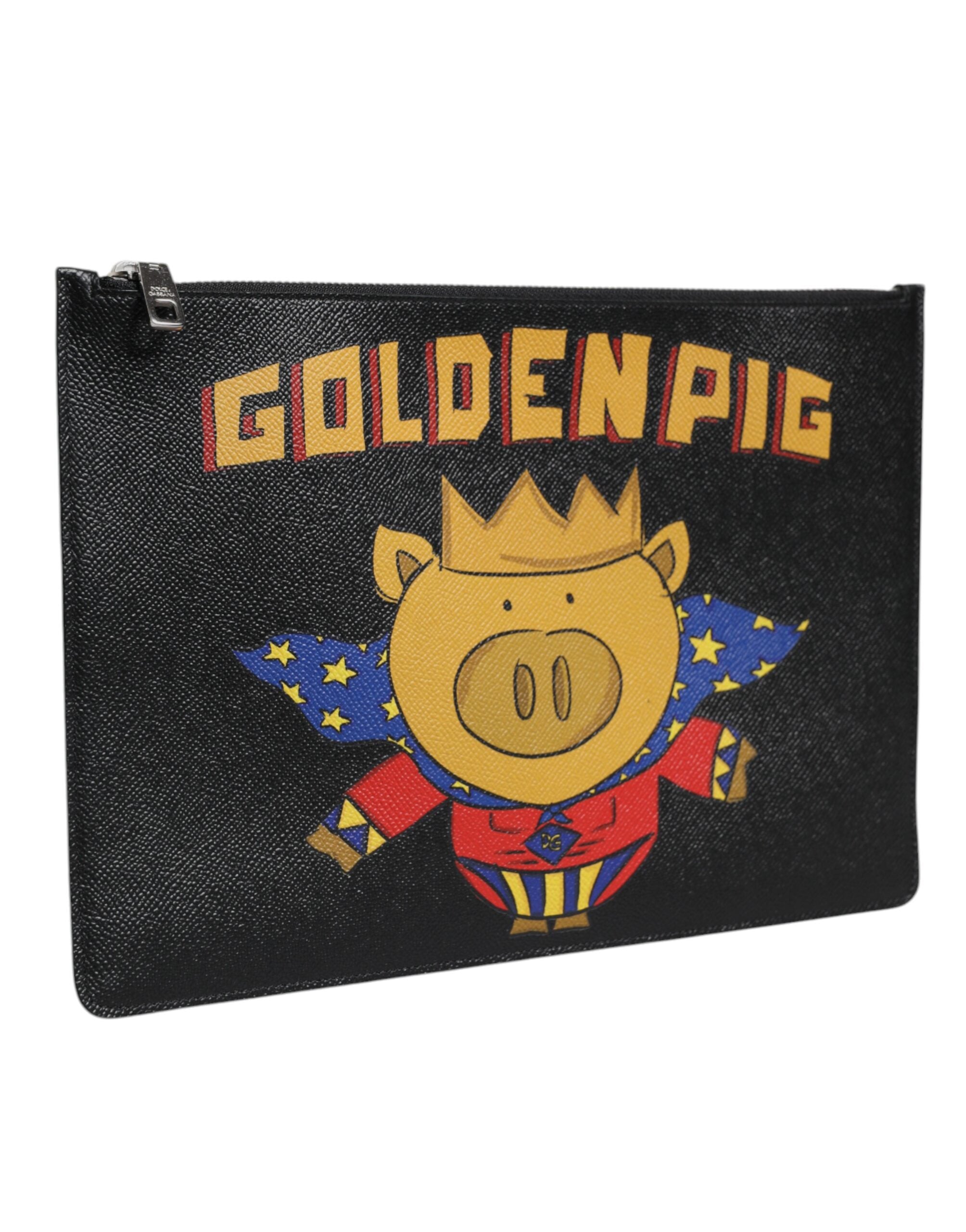 Dolce & Gabbana Black Leather Golden Pig Print Men Clutch Pouch Borse Bag - Zeiniez