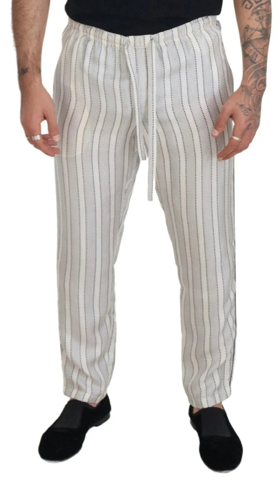 Dolce & Gabbana White Stripes Silk Lounge Trouser Pants - Zeiniez