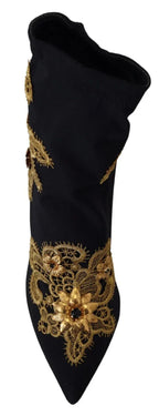 Dolce & Gabbana Black Gold Embroidery Crystal Boots Shoes - Zeiniez