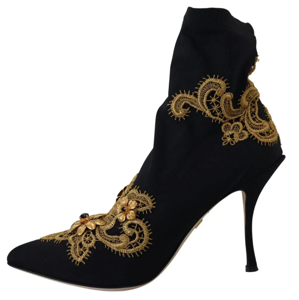 Dolce & Gabbana Black Gold Embroidery Crystal Boots Shoes - Zeiniez