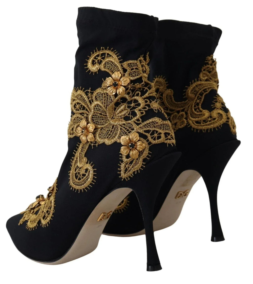 Dolce & Gabbana Black Gold Embroidery Crystal Boots Shoes - Zeiniez