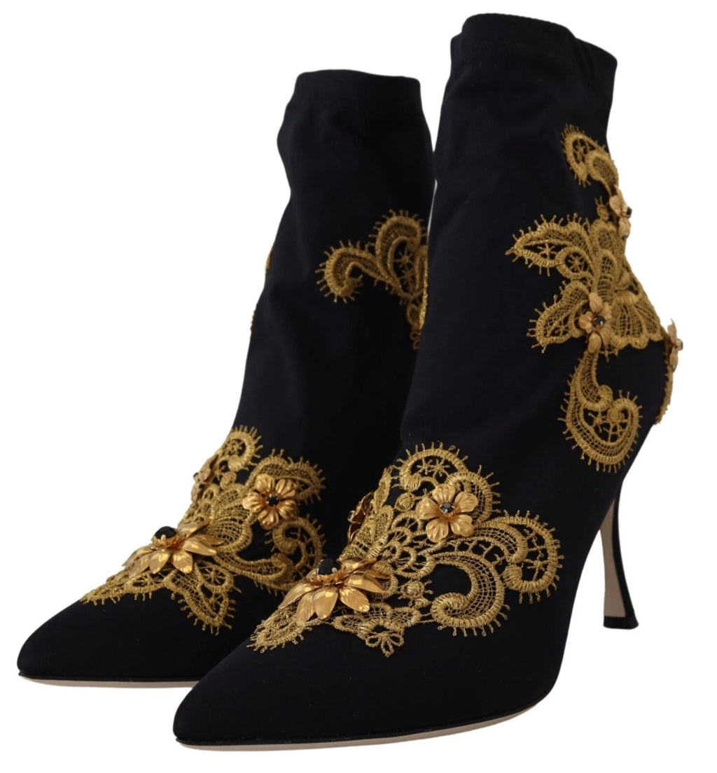 Dolce & Gabbana Black Gold Embroidery Crystal Boots Shoes