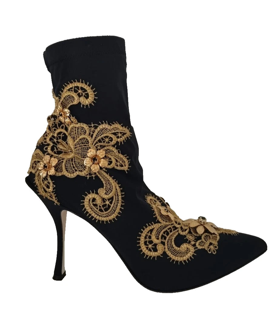 Dolce & Gabbana Black Gold Embroidery Crystal Boots Shoes
