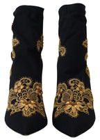 Dolce & Gabbana Black Gold Embroidery Crystal Boots Shoes - Zeiniez