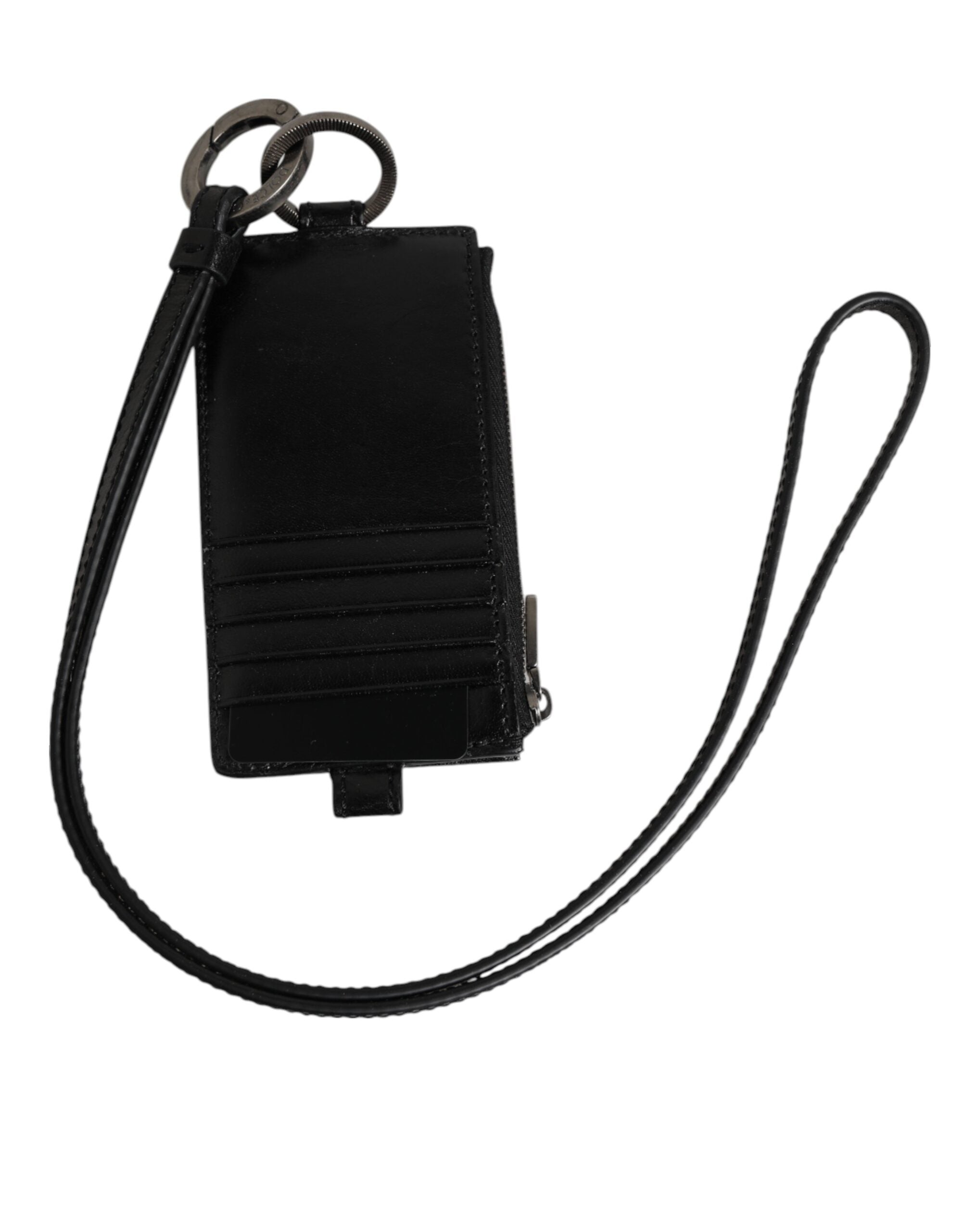 Dolce & Gabbana Black Leather Logo Embossed Lanyard Card Holder Wallet - Zeiniez
