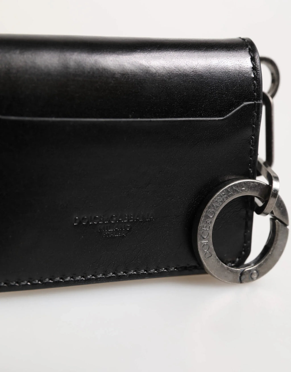 Dolce & Gabbana Wallet Black Leather Logo Embossed Key Chain Card Holder Wallet - Zeiniez