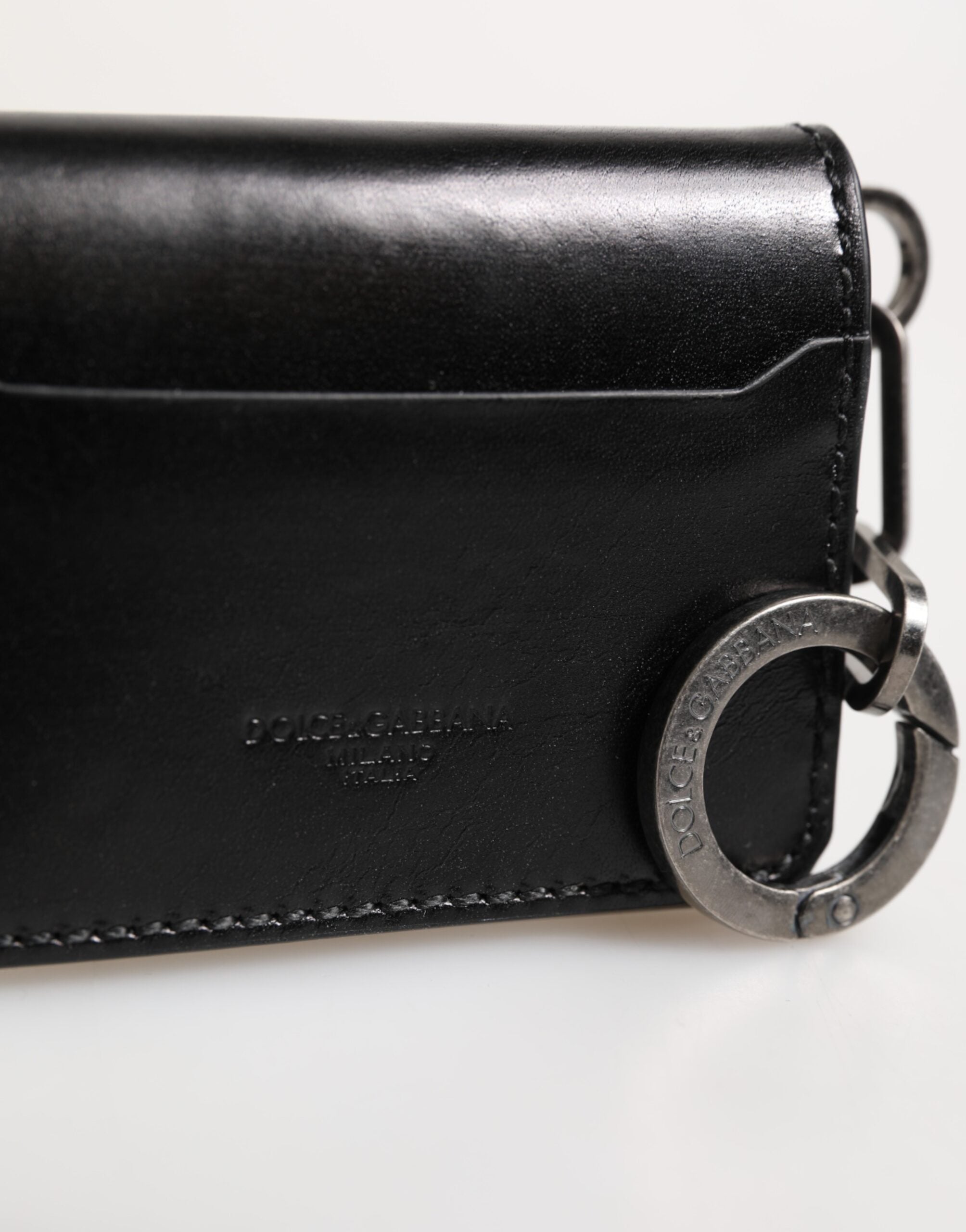 Dolce & Gabbana Wallet Black Leather Logo Embossed Key Chain Card Holder Wallet - Zeiniez