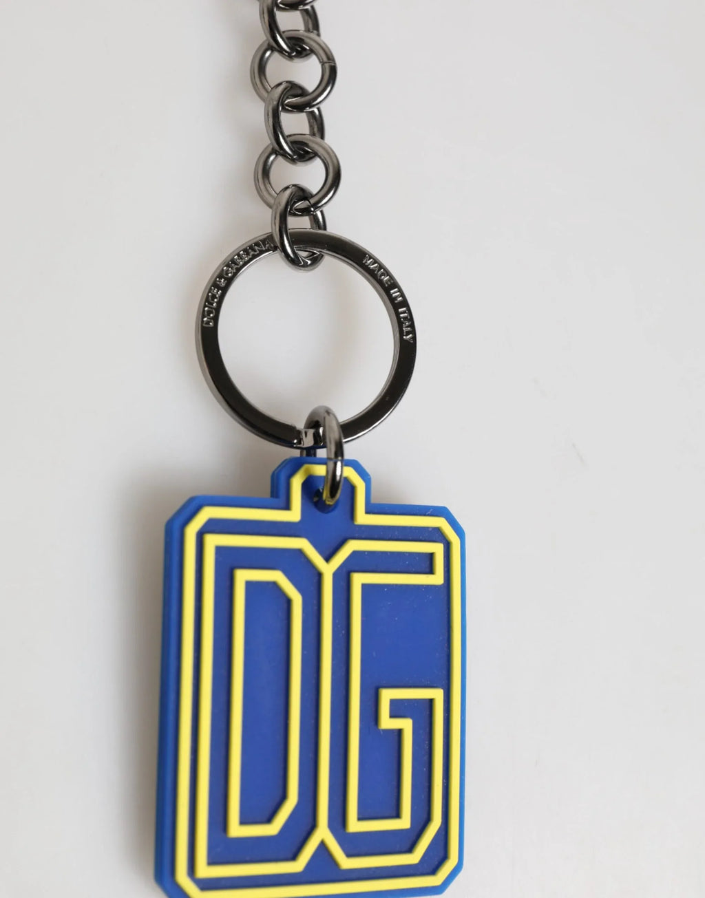Dolce & Gabbana Blue Yellow DG Rubber Logo Silver Men Keychain Keyring - Zeiniez