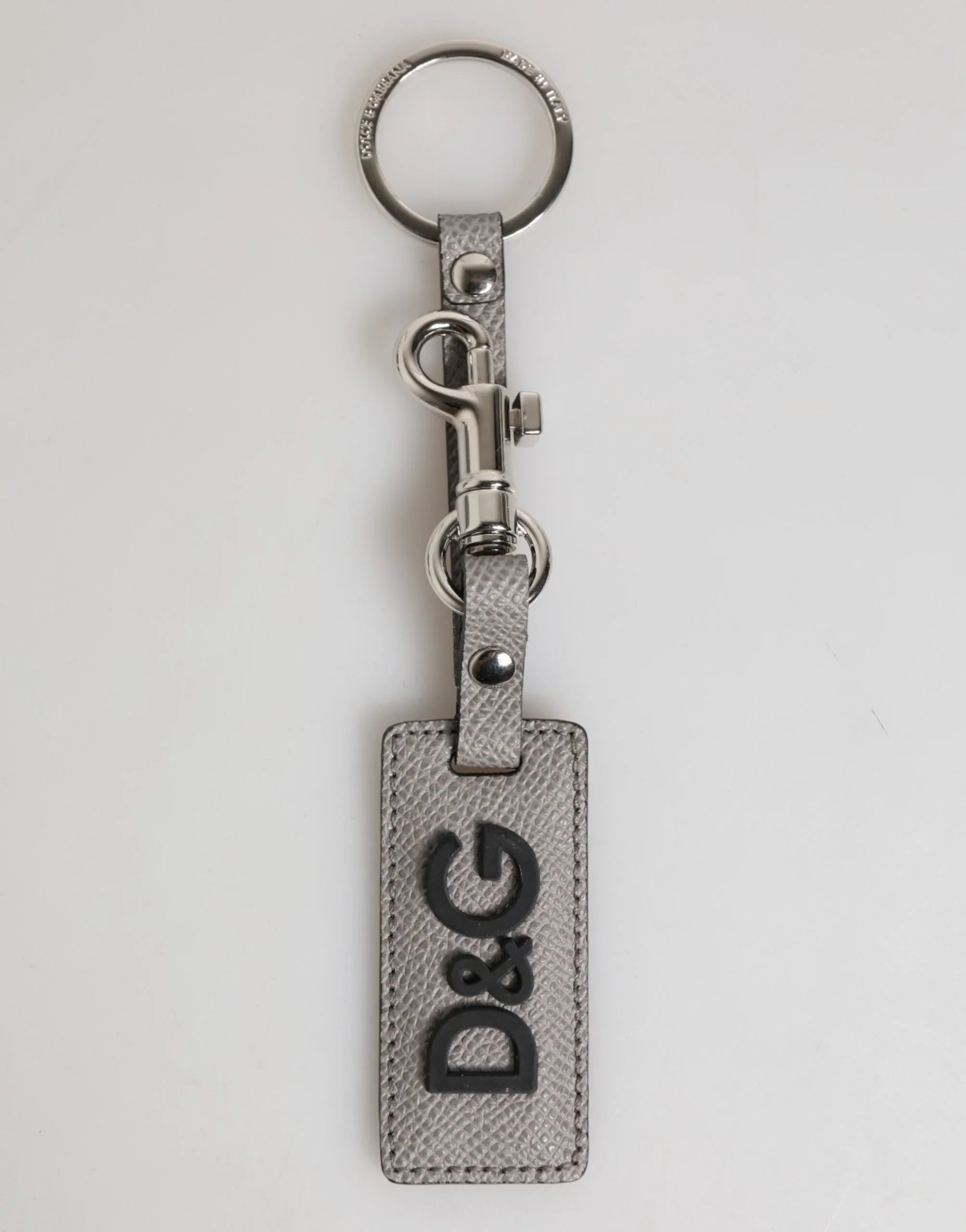 Dolce & Gabbana Gray Leather Logo Metal Ring Keychain Holder Men Keyring - Zeiniez
