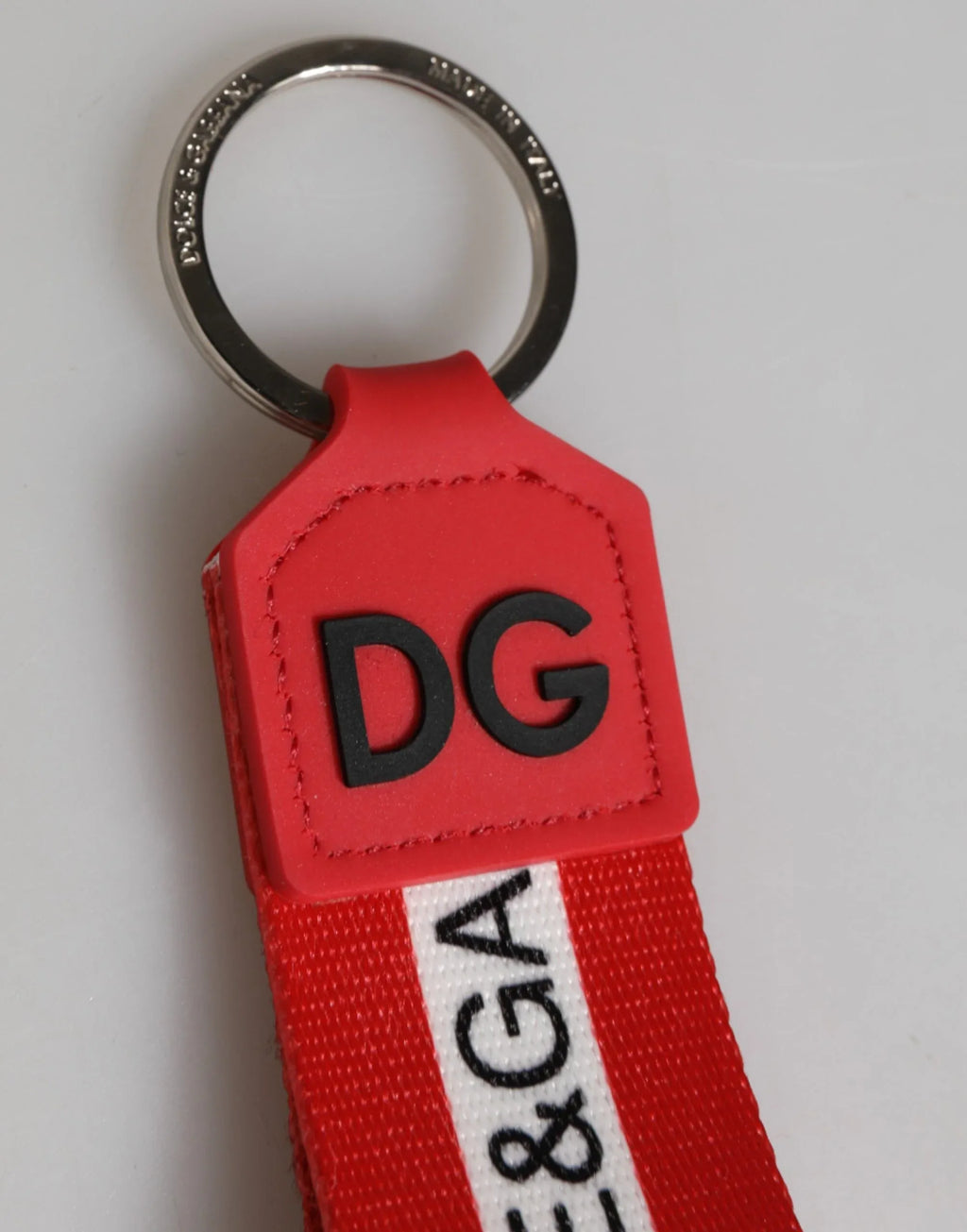 Dolce & Gabbana Red Logo Polyester Silver Brass Holder Keychain Men Keyring - Zeiniez