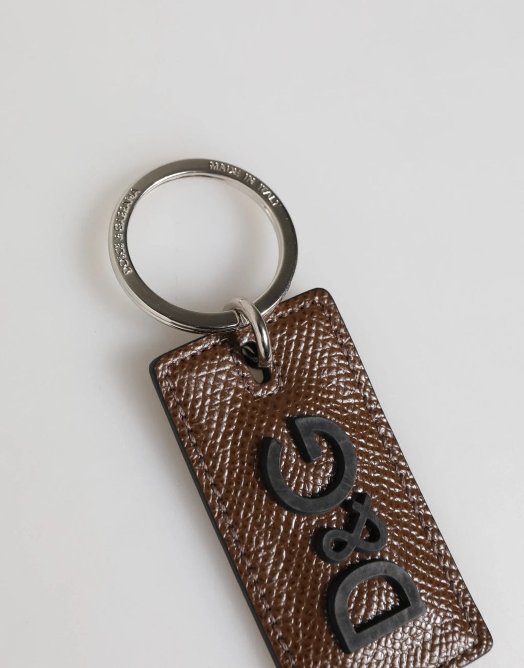 Dolce & Gabbana Dark Brown Leather Logo Metal Ring Keychain Holder Keyring - Zeiniez