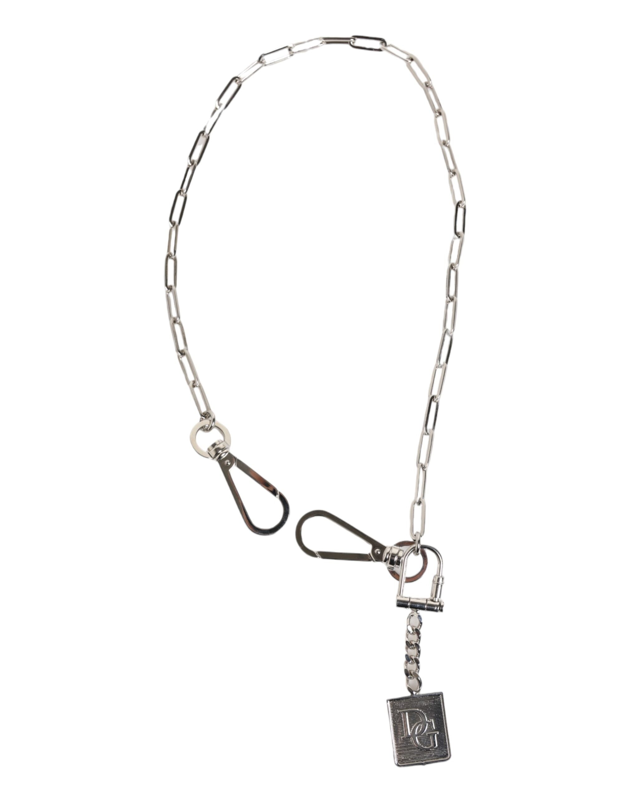 Dolce & Gabbana Silver Tone Metal Chain DG Logo Pendant Men Necklace - Zeiniez