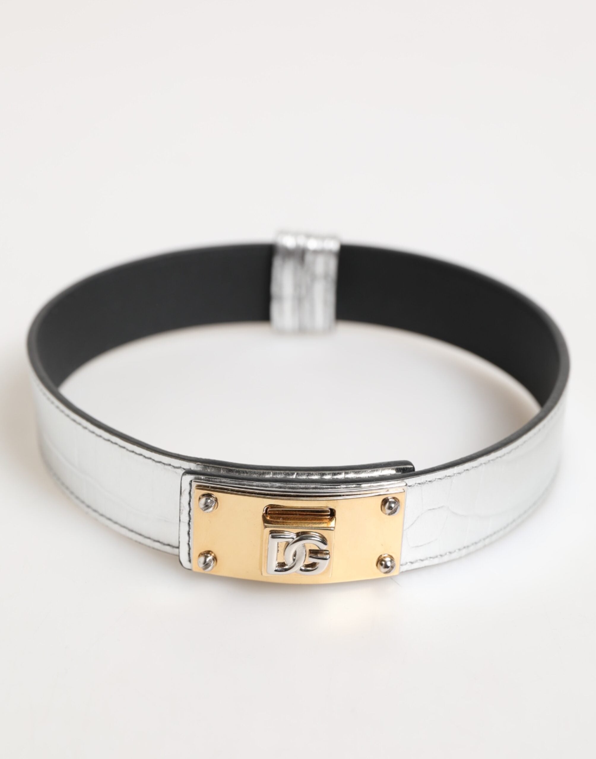 Dolce & Gabbana Silver Textured Leather Gold Tone Metal Neckband - Zeiniez