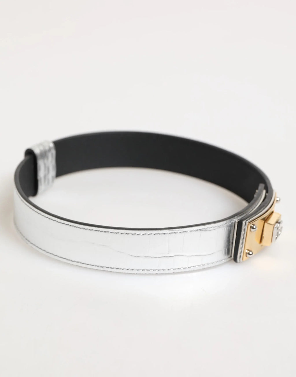 Dolce & Gabbana Silver Textured Leather Gold Tone Metal Neckband - Zeiniez