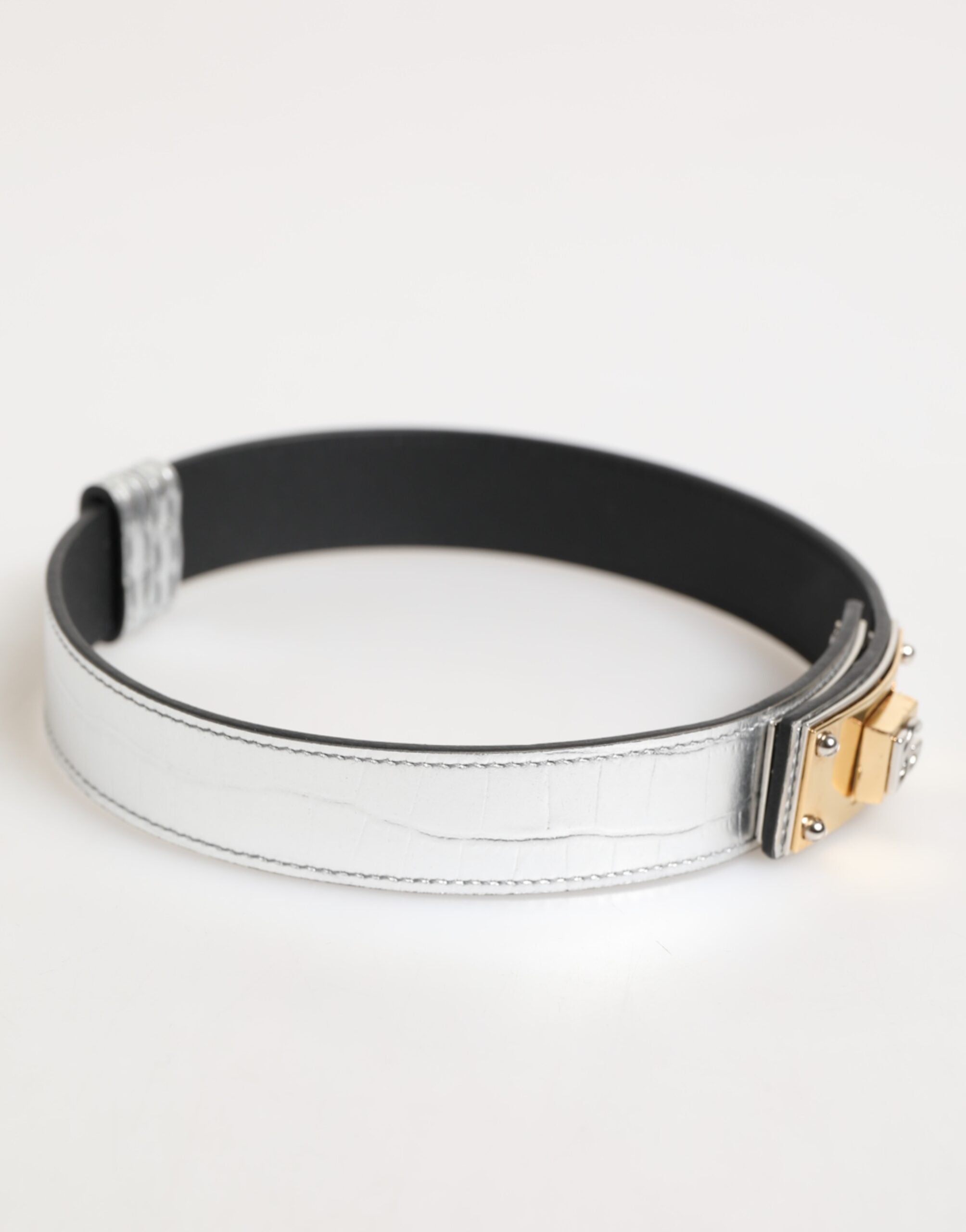 Dolce & Gabbana Silver Textured Leather Gold Tone Metal Neckband - Zeiniez