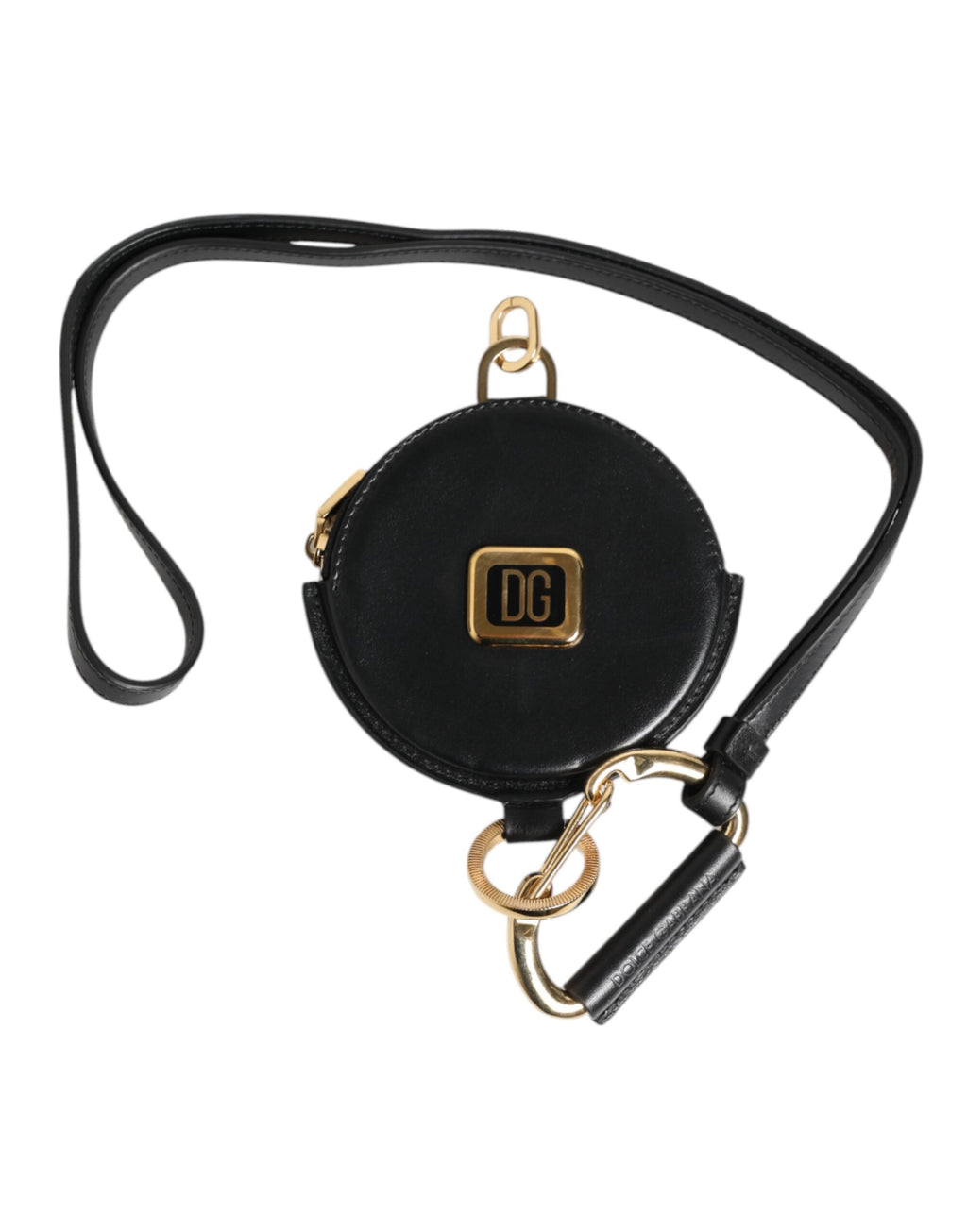 Dolce & Gabbana Black Round Leather DG Logo Coin Purse Lanyard Wallet - Zeiniez