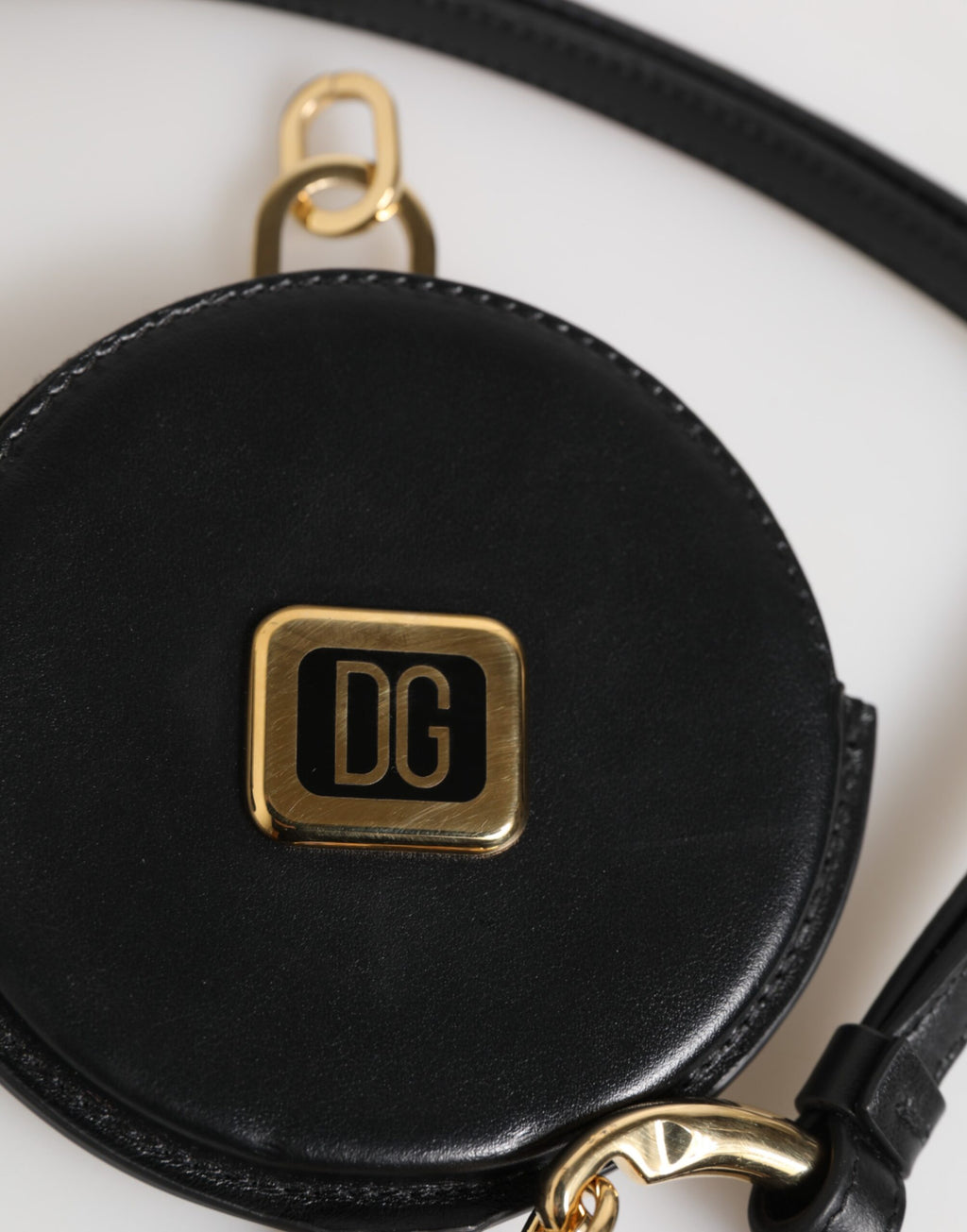 Dolce & Gabbana Black Round Leather DG Logo Coin Purse Lanyard Wallet - Zeiniez