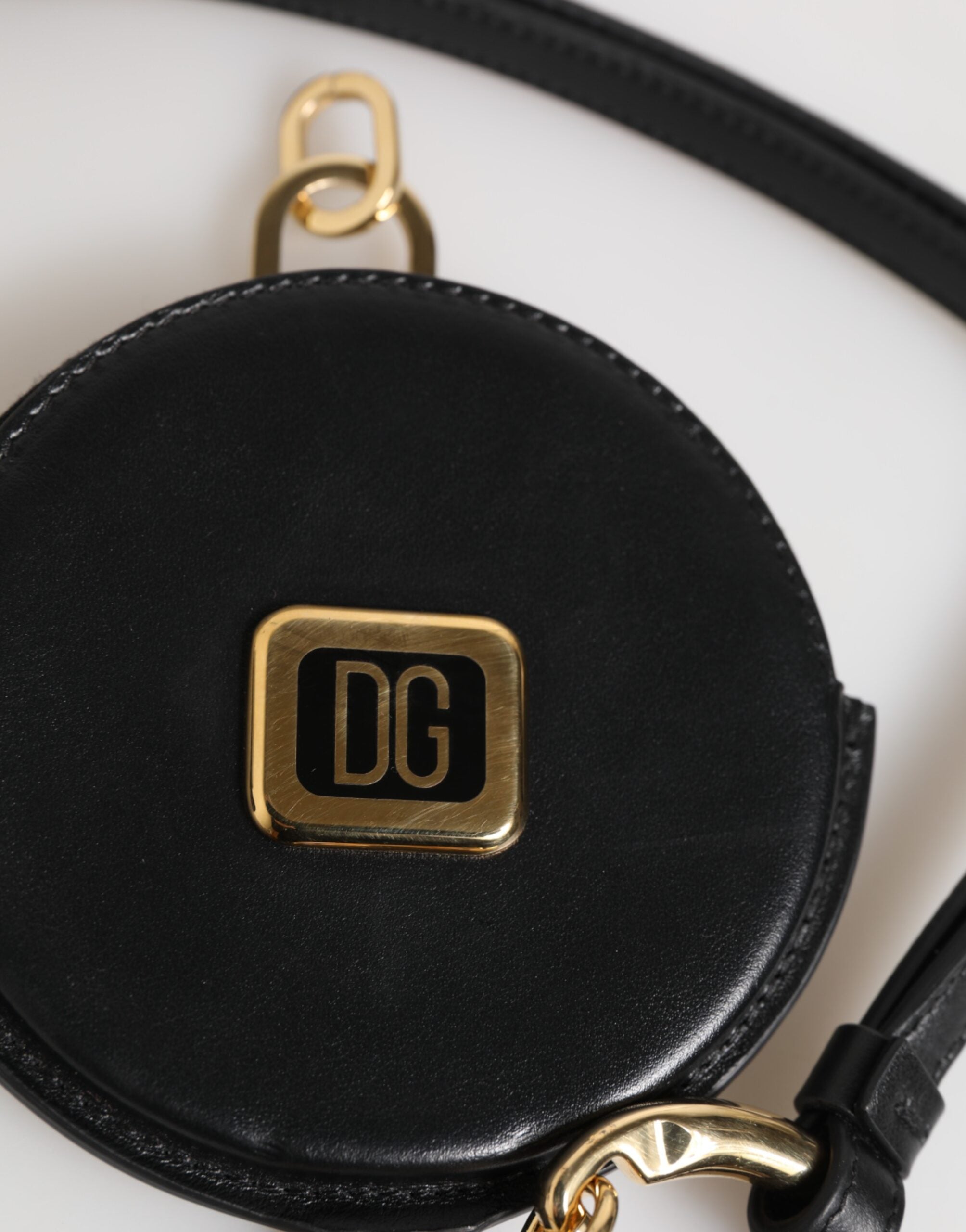 Dolce & Gabbana Black Round Leather DG Logo Coin Purse Lanyard Wallet - Zeiniez