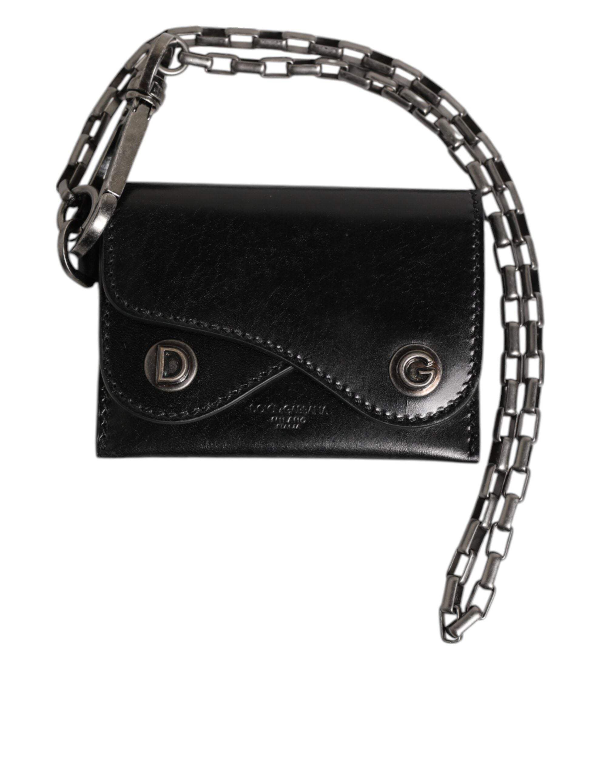 Dolce & Gabbana Black Cavallo Leather Wallet Chain Snap Bifold Card Holder - Zeiniez