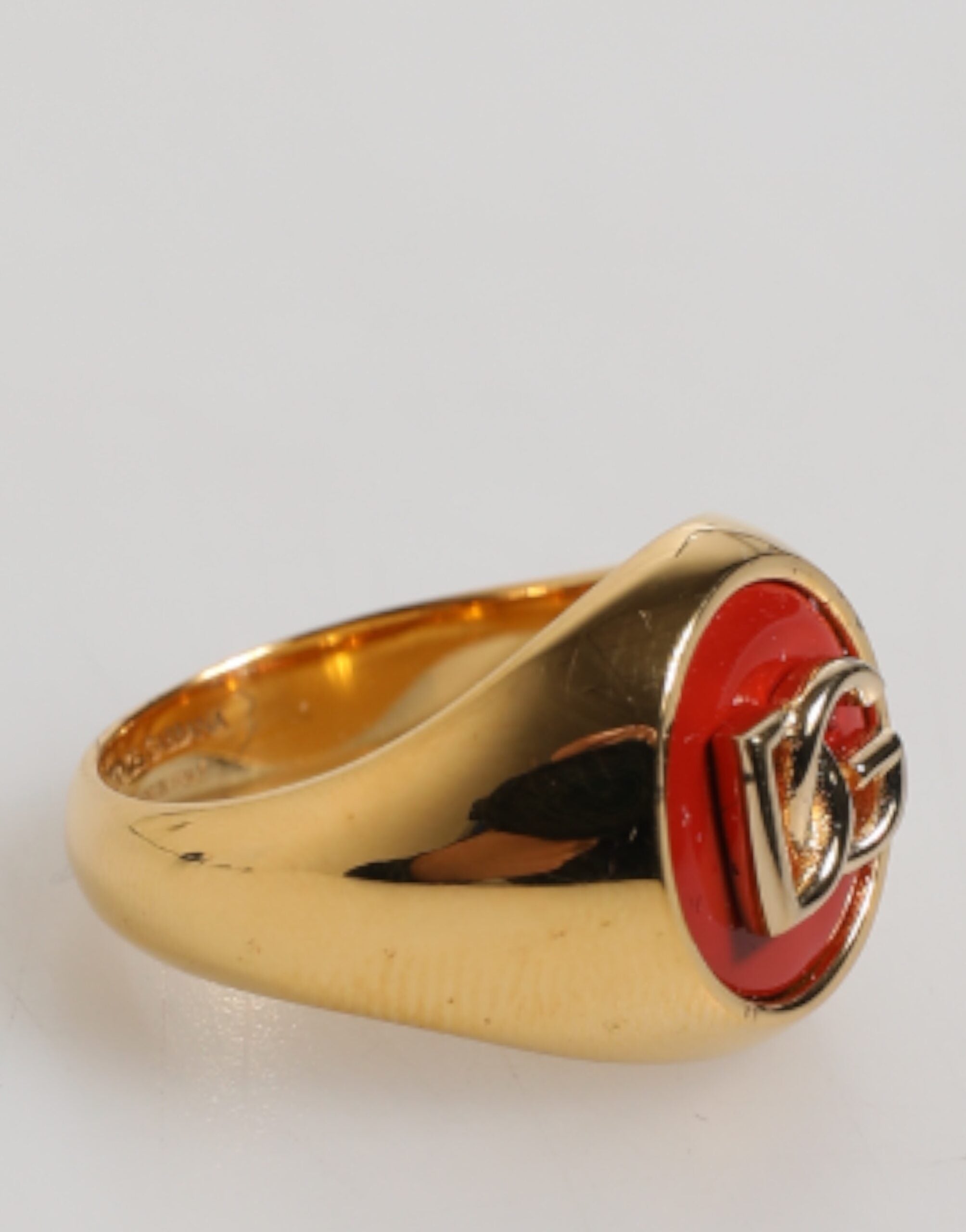 Dolce & Gabbana Gold Tone Real Brass Round Red DG Logo Men Ring - Zeiniez