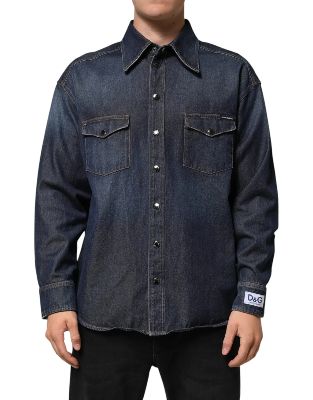 Dolce & Gabbana Blue Denim Button Casual Logo Patch Men Shirt - Zeiniez