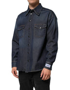Dolce & Gabbana Blue Denim Button Casual Logo Patch Men Shirt - Zeiniez