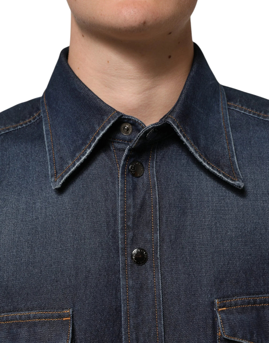 Dolce & Gabbana Blue Denim Button Casual Logo Patch Men Shirt - Zeiniez