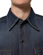 Dolce & Gabbana Blue Denim Button Casual Logo Patch Men Shirt - Zeiniez
