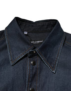 Dolce & Gabbana Blue Denim Button Casual Logo Patch Men Shirt - Zeiniez