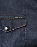 Dolce & Gabbana Blue Denim Button Casual Logo Patch Men Shirt - Zeiniez