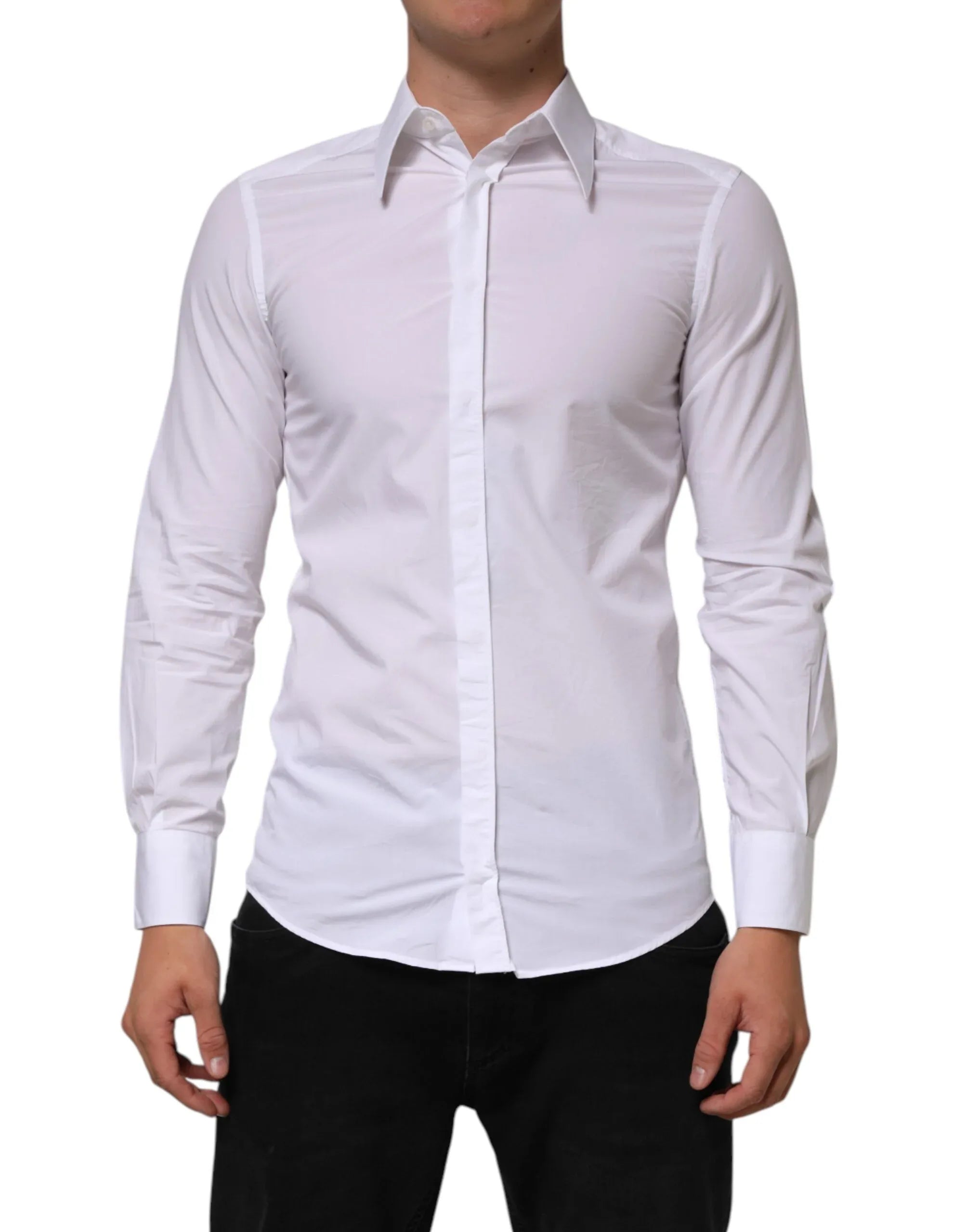 Dolce & Gabbana White Cotton MARTINI Long Sleeve Dress Shirt - Zeiniez