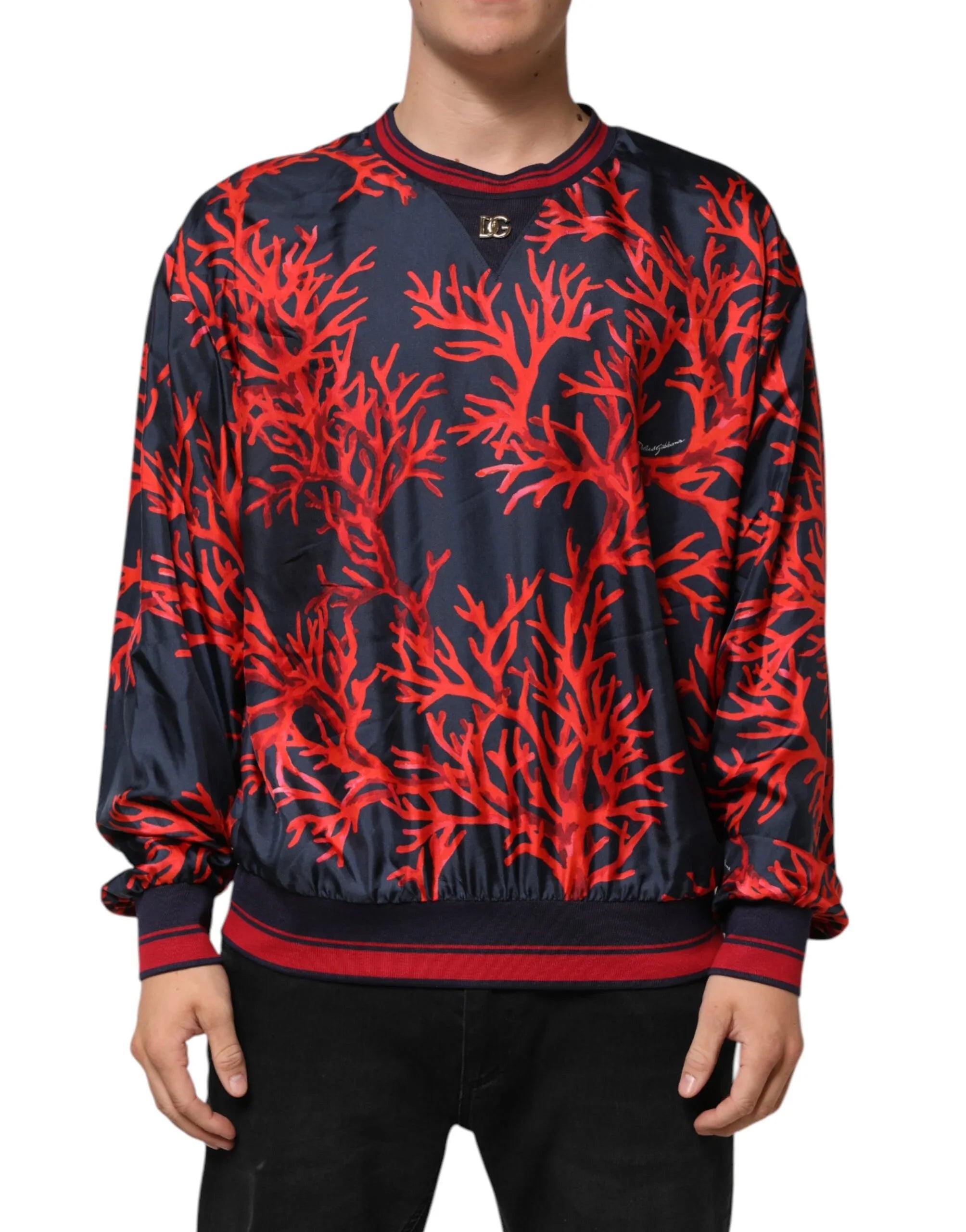 Dolce & Gabbana Silk Navy Red Coral Print Pullover Sweater - Zeiniez
