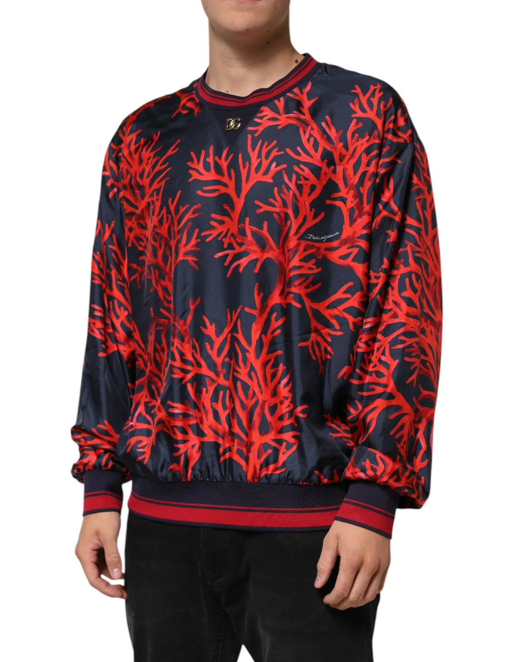 Dolce & Gabbana Silk Navy Red Coral Print Pullover Sweater - Zeiniez