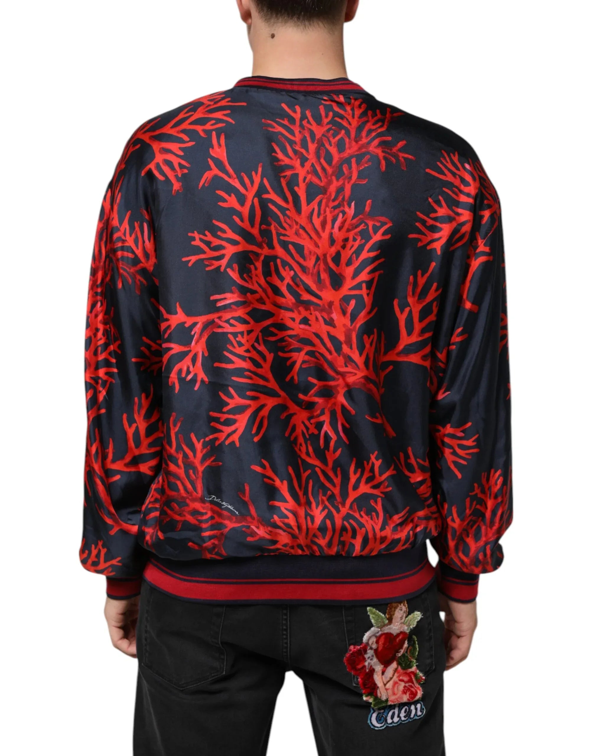 Dolce & Gabbana Silk Navy Red Coral Print Pullover Sweater - Zeiniez