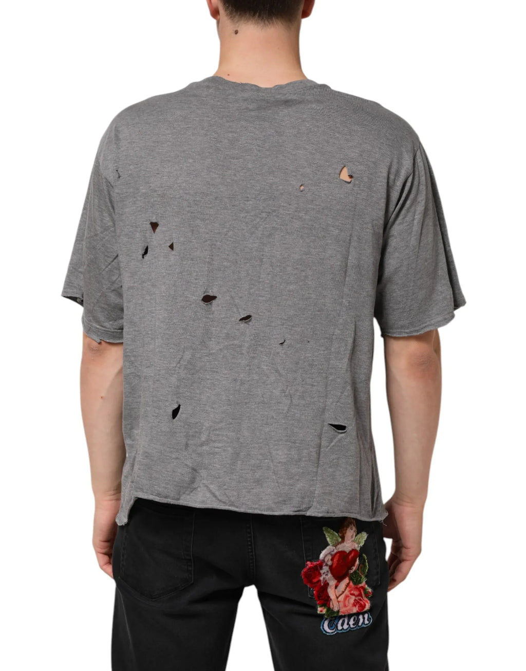 Dolce & Gabbana Gray Cotton Tattered Logo Patch Men T-shirt - Zeiniez